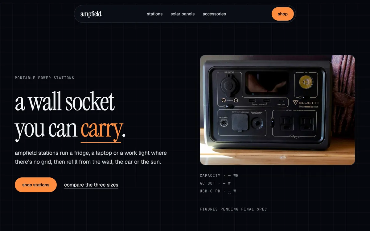 Ampfield hero: serif headline a wall socket you can carry on a dark grid, beside a front-on photo of a power station
