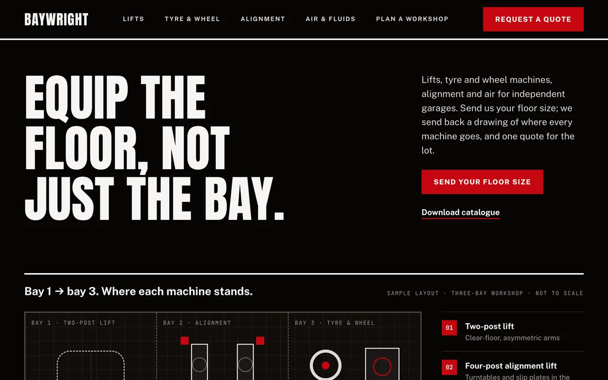 Baywright hero: bold black headline Equip the floor, not just the bay, above a three-bay workshop layout