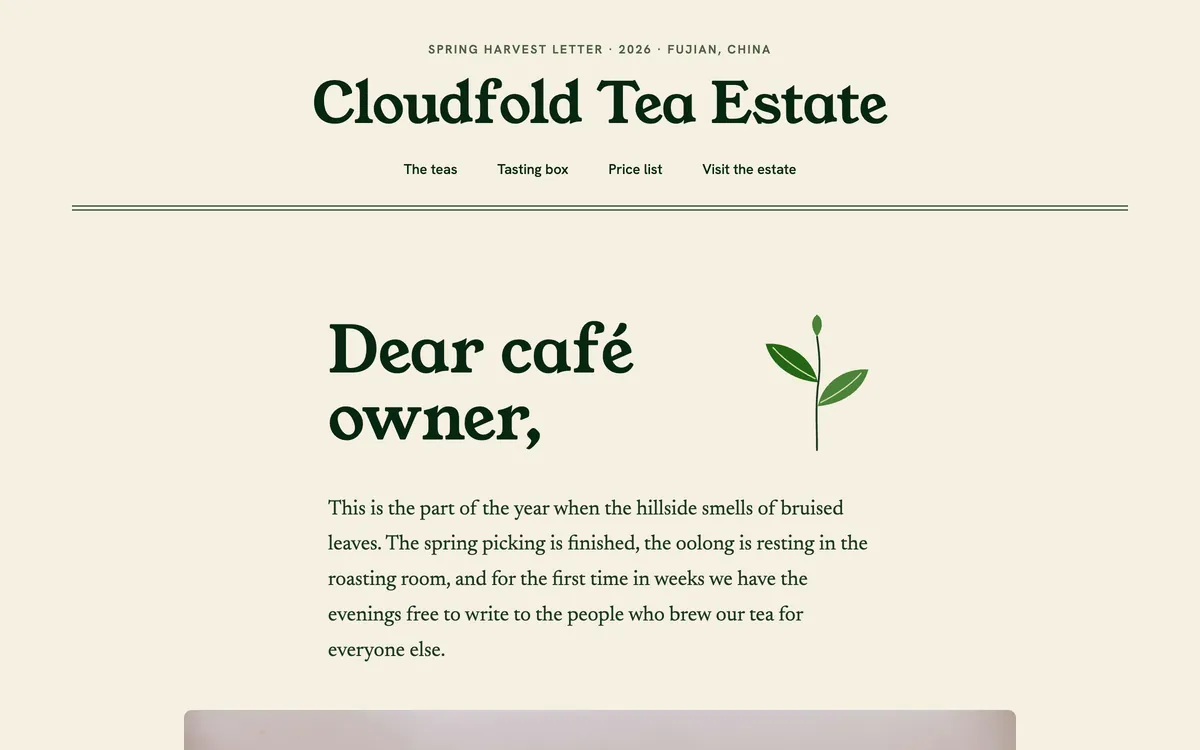 Cloudfold Tea Estate hero: letter-style layout with the serif greeting Dear café owner, and a sprig of tea leaves