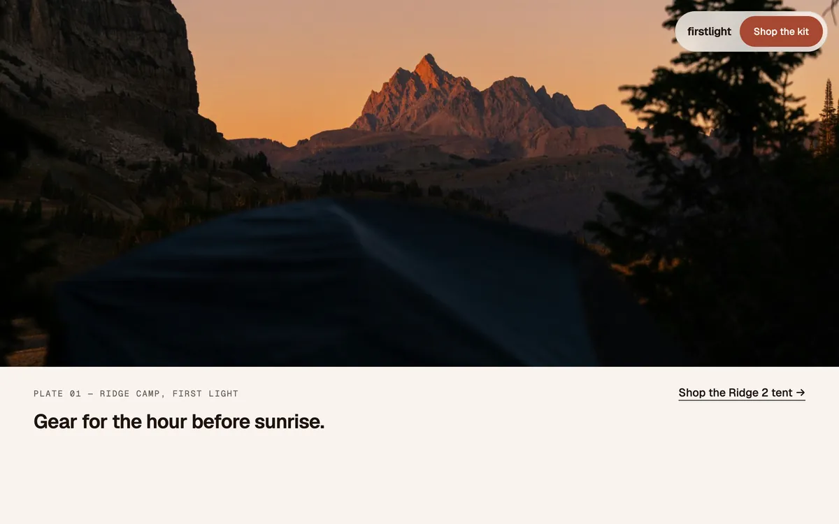 Firstlight hero: full-bleed photo of a tent at dusk with a jagged peak lit orange by the last sun
