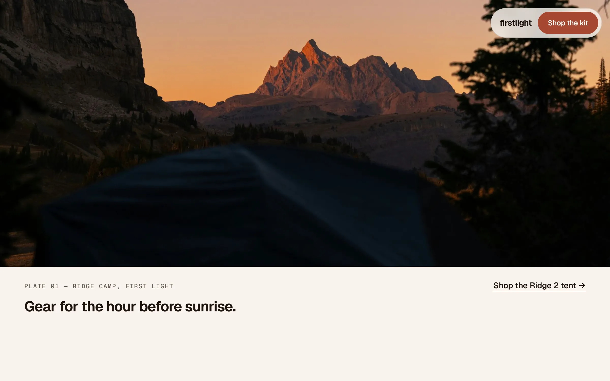 Firstlight hero: full-bleed photo of a tent at dusk with a jagged peak lit orange by the last sun