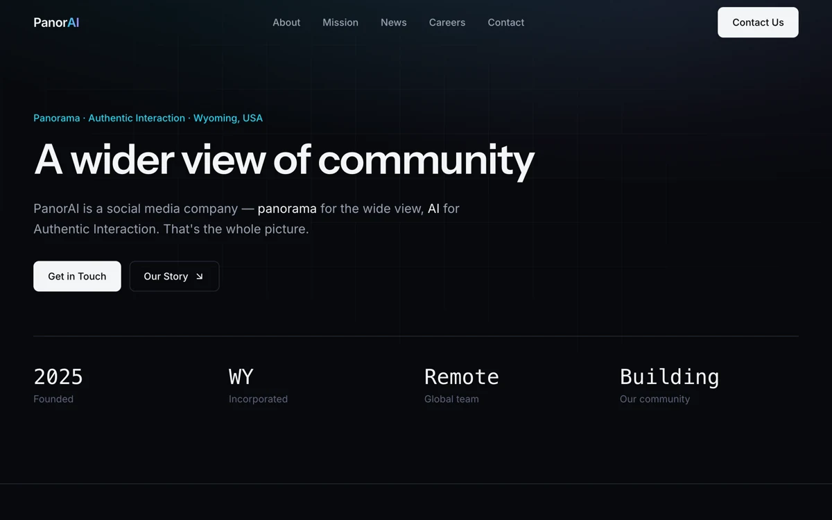 PanorAI homepage hero with the tagline A wider view of community and company facts
