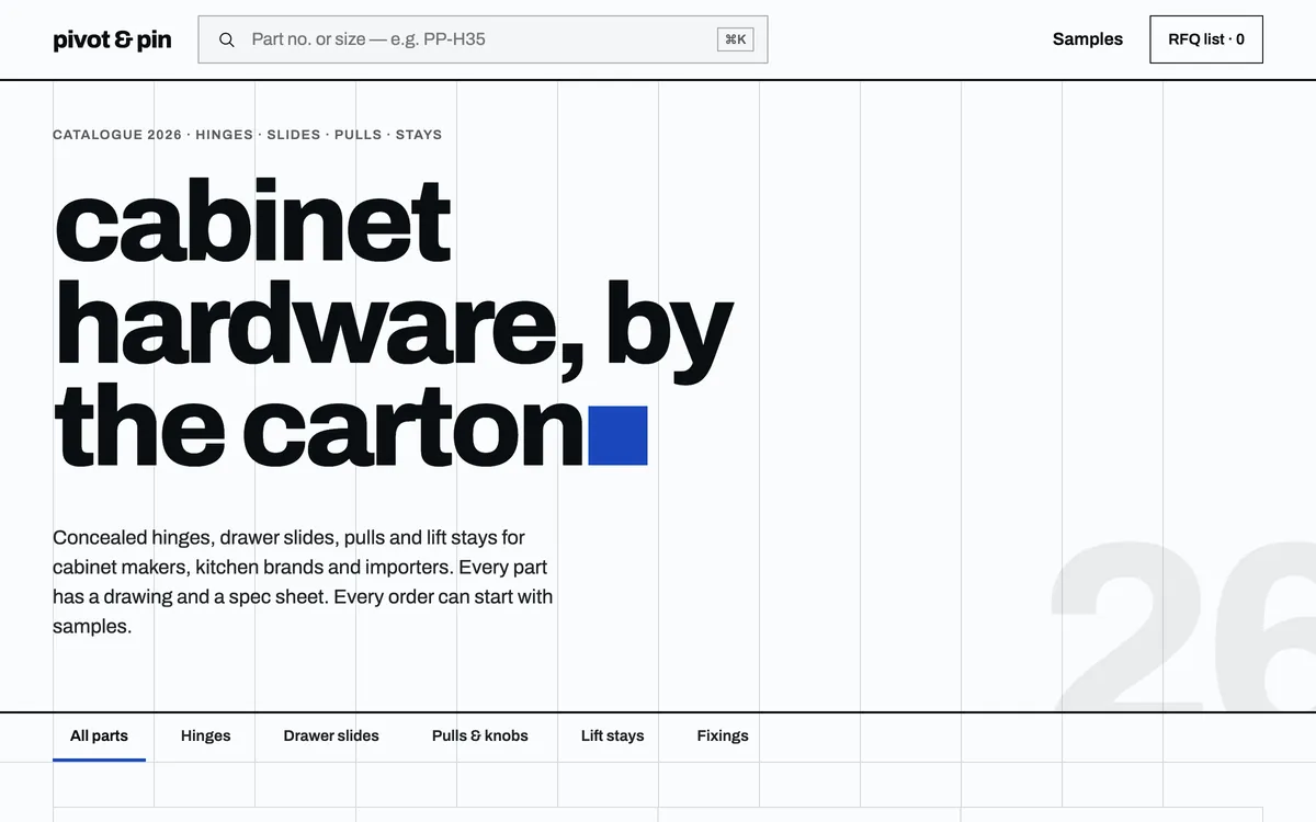Pivot & Pin hero: oversized headline cabinet hardware, by the carton, a search bar and a drafting grid
