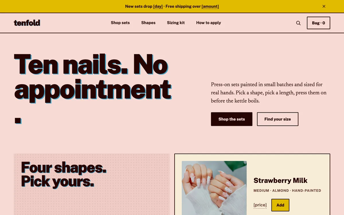 Tenfold hero: chunky outlined headline Ten nails. No appointment. on pink, beside a Strawberry Milk nail set
