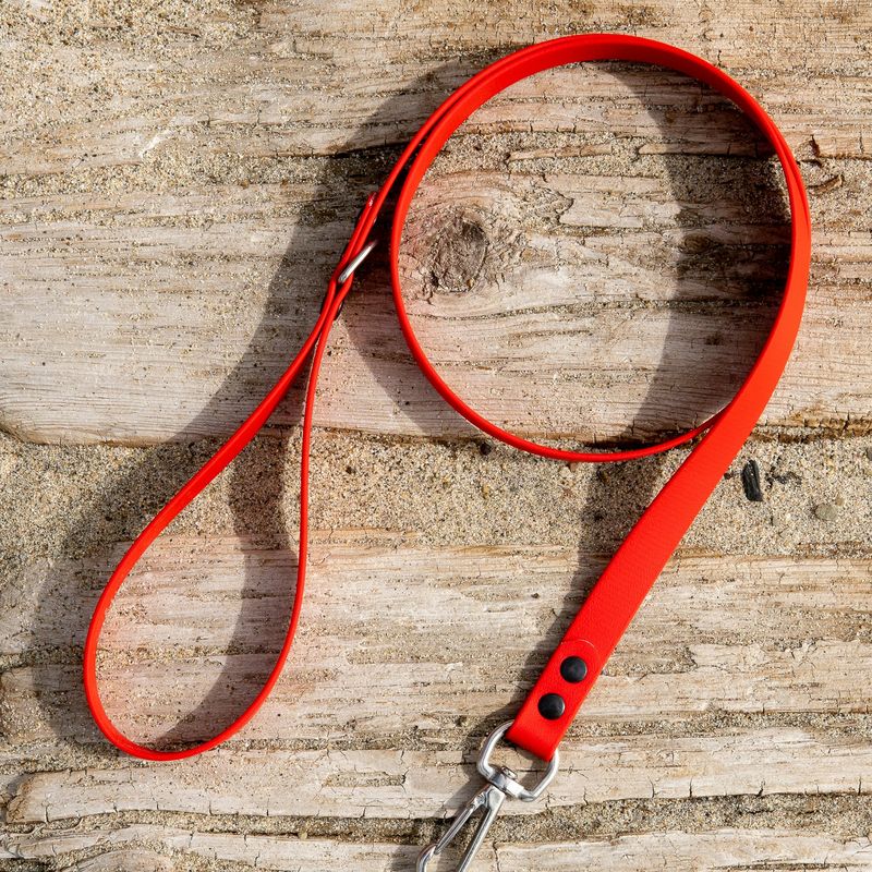 A bright red coated leash with a steel clip, coiled on weathered wood